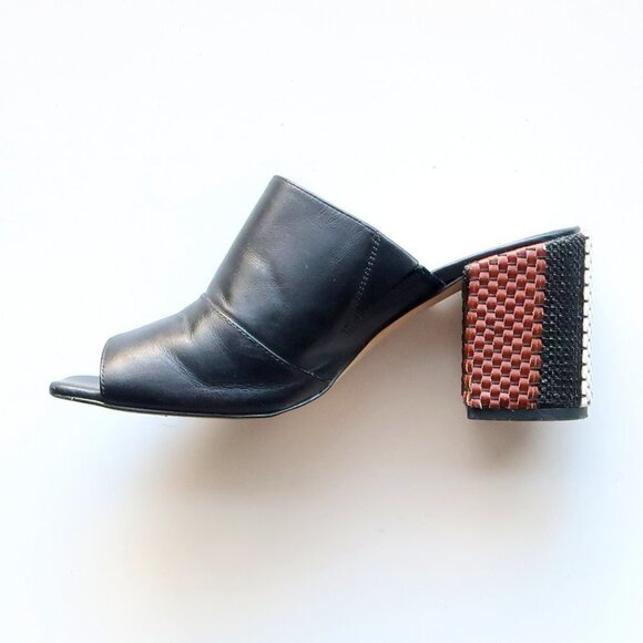 Nine West Janel Black Leather Square Toe Woven Block Heel Mules / Slip On Shoes - Picture 9 of 16